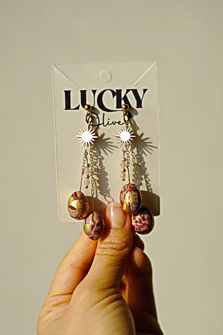 Easter Eggs no. 3 One of a Kind Celestial Dangle Earrings "Oyoroi" by Lucky Olive Atelier