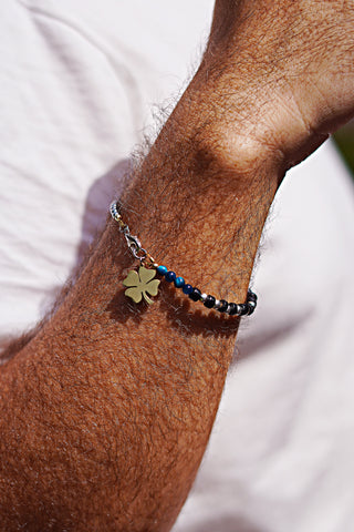 Power of 8 no. 5 Men's Four Leaf Clover Bracelet "Blue Tigers Eye" by Lucky Olive Atelier