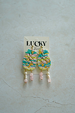 Prosperity Pineapple no. 2 Gems Dangle Earrings “Bermuda Beach” by Lucky Olive Atelier