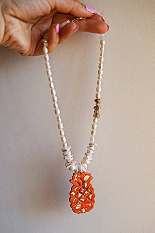 Prosperity Pineapple no. 3 Pearls & Gold Necklace “Malibu Sunset” by Lucky Olive Atelier