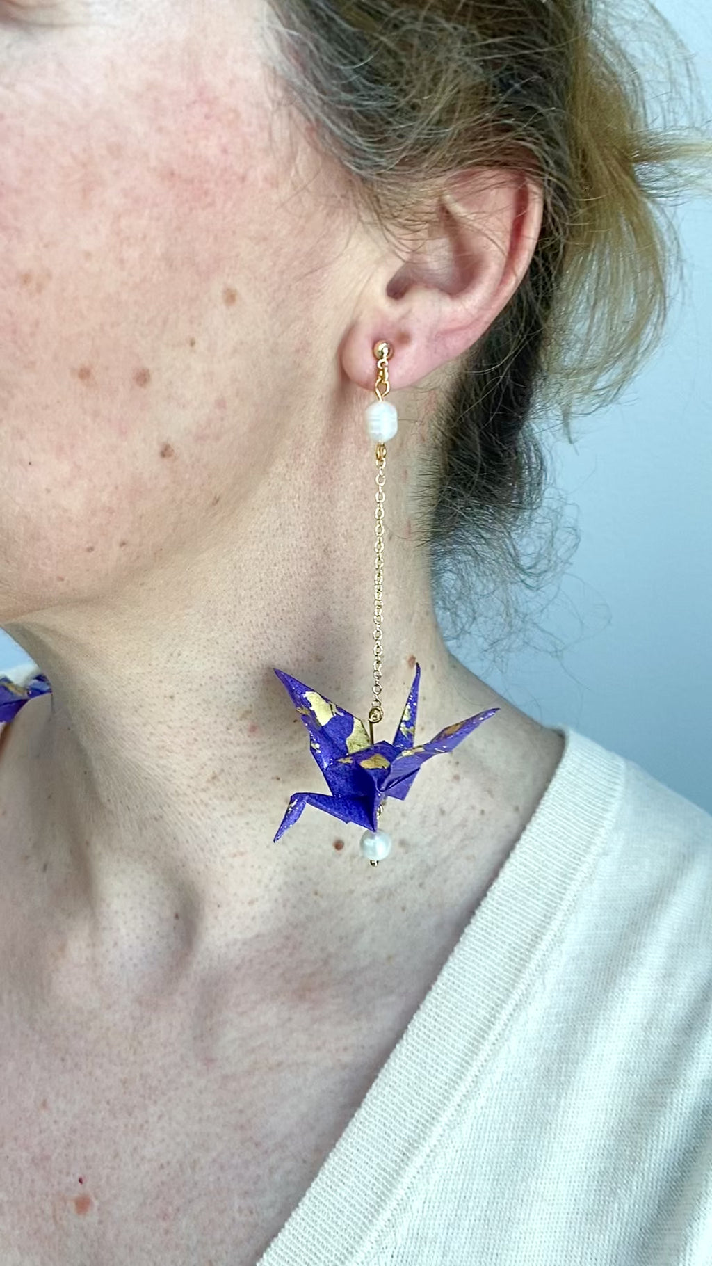 Purple Gold Origami Cranes Take Flight Earrings with Pearls Video by Lucky Olive Atelier 