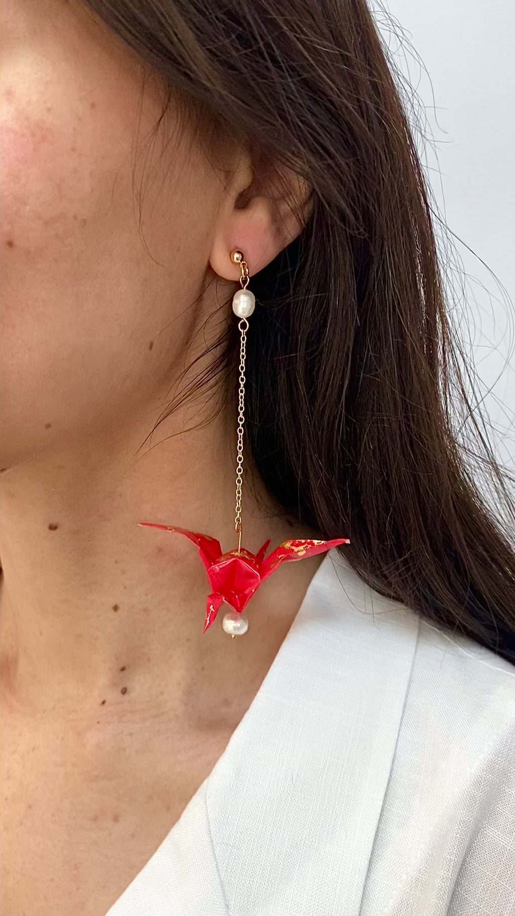 Red Gold Origami Cranes Take Flight Earrings with Pearls Video by Lucky Olive Atelier 