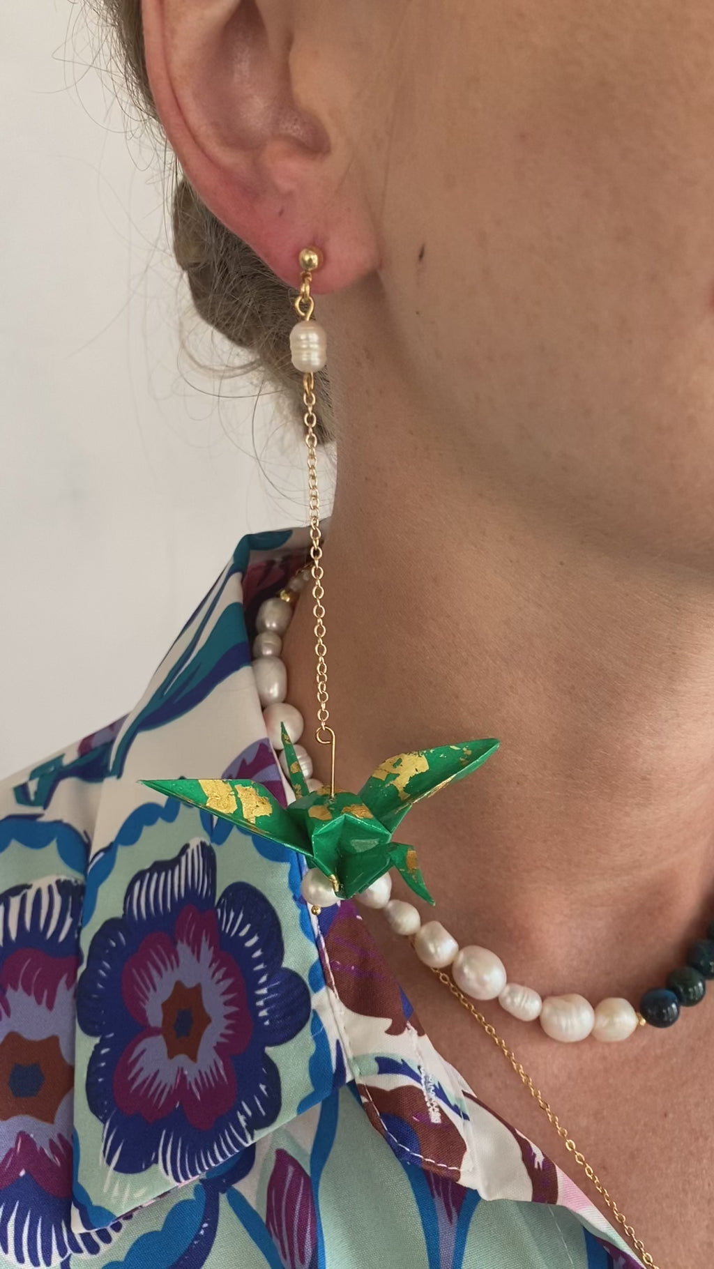 Green Gold Origami Cranes Take Flight Earrings with Pearls Video by Lucky Olive Atelier 